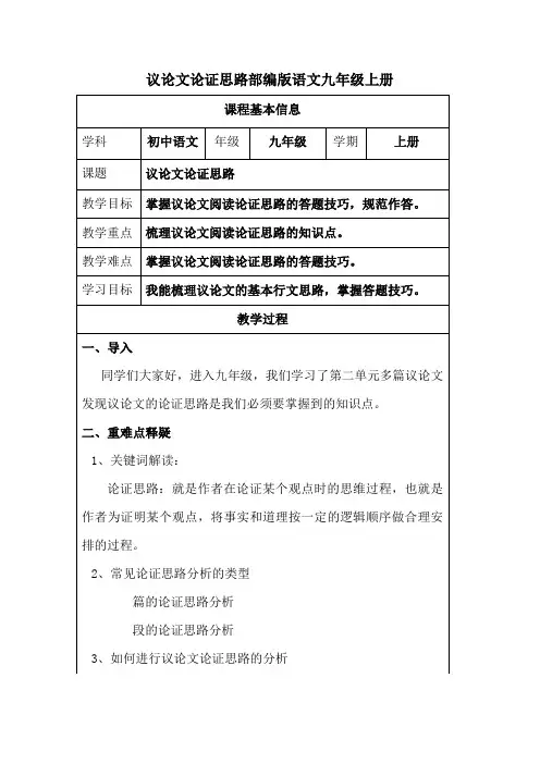 议论文论证思路 部编版语文九年级上册
