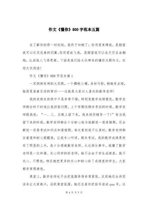 作文《懂你》800字范本五篇