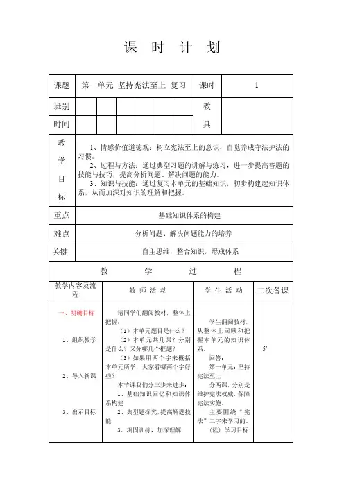 统编人教部编版八年级下册道德与法治第一单元坚持宪法至上单元复习教案(表格式)