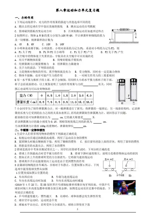 第八章运动和力 单元复习题山东枣庄市第十三中学 2022-2023学年人教版八年级物理下册