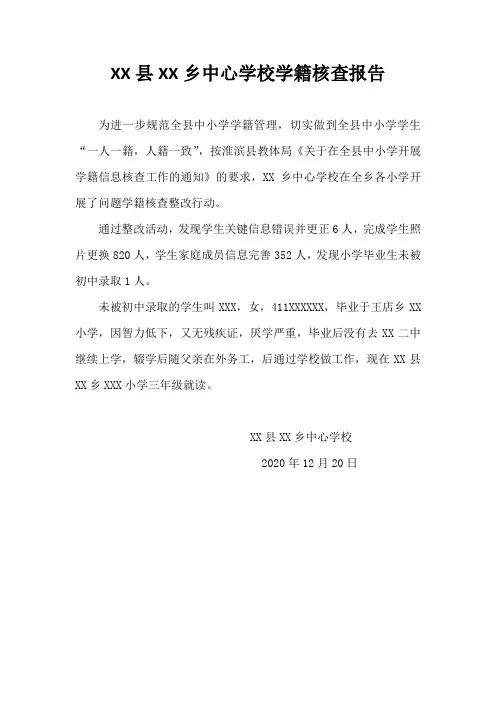 XX乡中心学校学籍核查报告