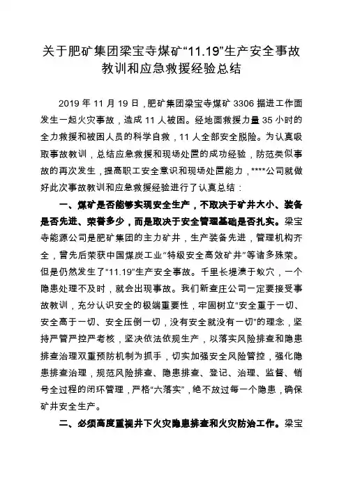 肥矿集团梁宝寺煤矿“11.19”生产安全事故教训和应急救援经验总结及启示