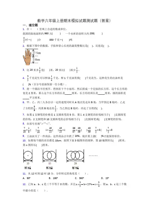 数学六年级上册期末模拟试题测试题(答案)[001]