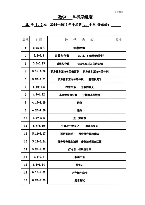 2019年第二学期新人教版五年级数学教学进度表