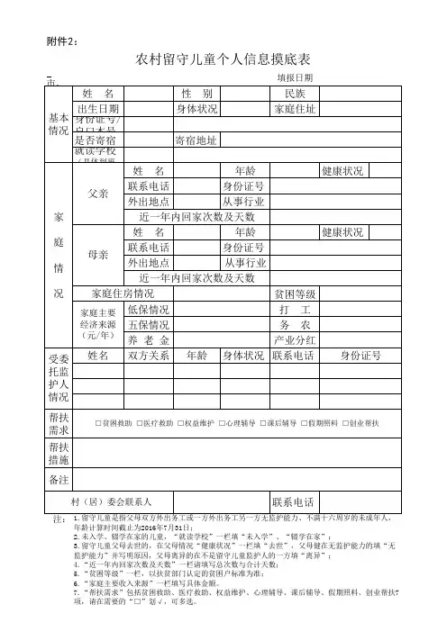 农村留守儿童个人信息摸底表