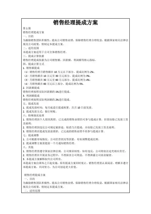 销售经理提成方案