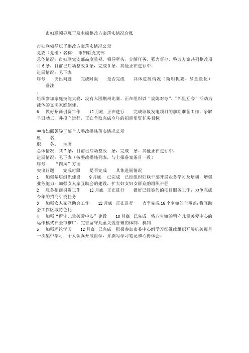 市妇联领导班子及主席整改方案落实情况台账