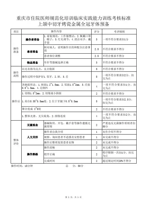 住院医师规范化培训考核项目操作标准：上颌中切牙烤瓷金属全冠牙体预备