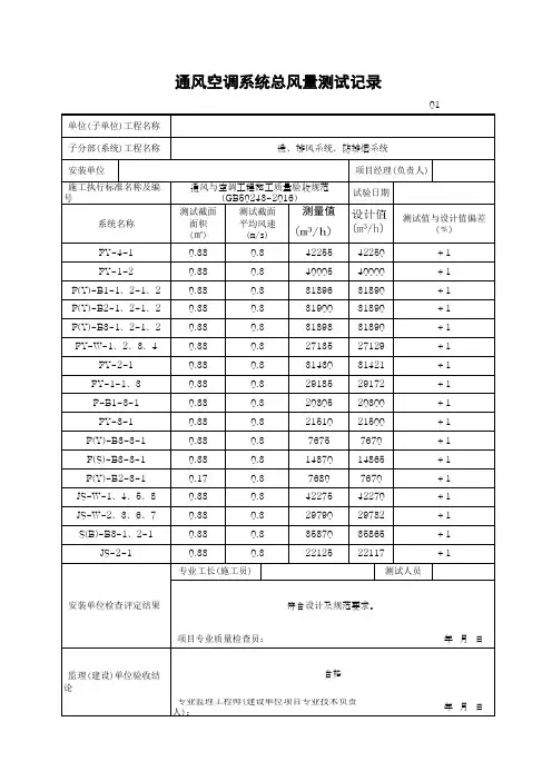 通风空调系统总风量测试记录