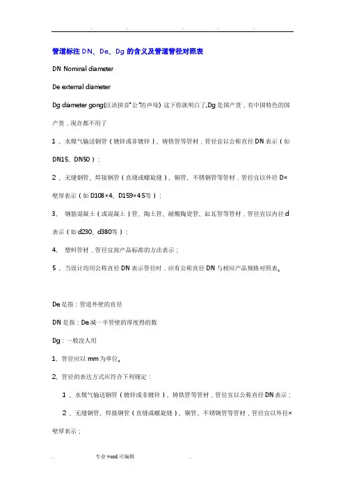 管道标注DN、De、Dg的含义与管道管径对照表