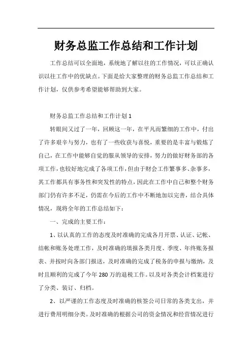 财务总监工作总结和工作计划