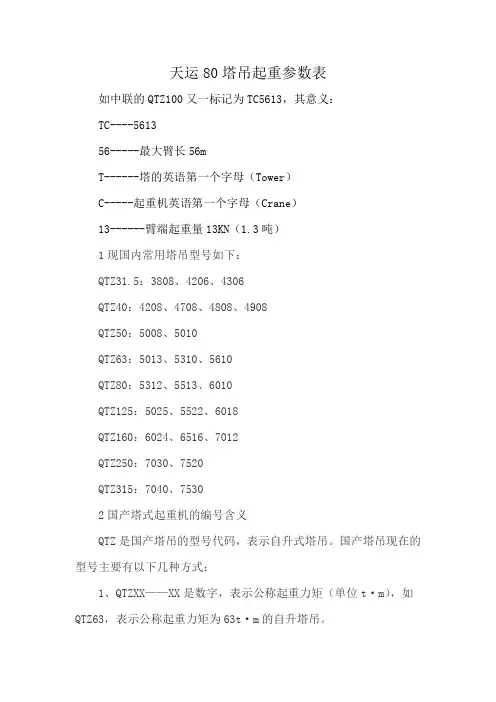 天运80塔吊起重参数表