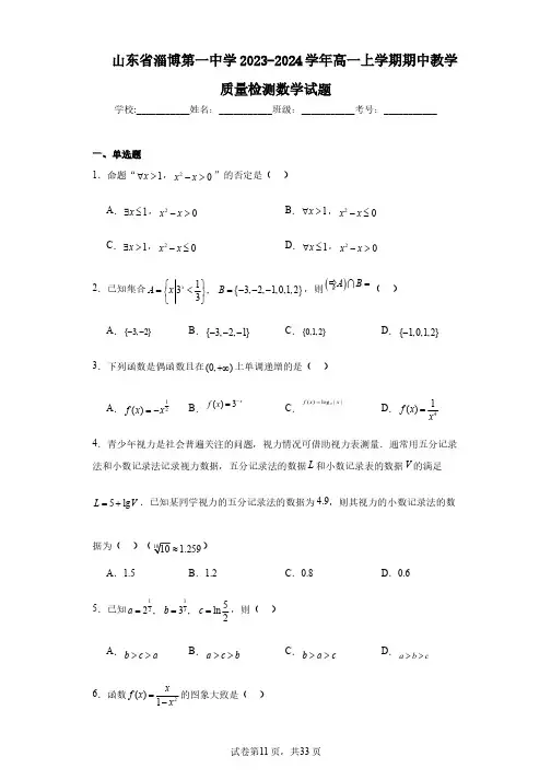 山东省淄博第一中学2023-2024学年高一上学期期中教学质量检测数学试题