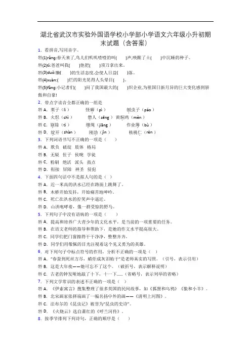 湖北省武汉市实验外国语学校小学部小学语文六年级小升初期末试题(含答案)