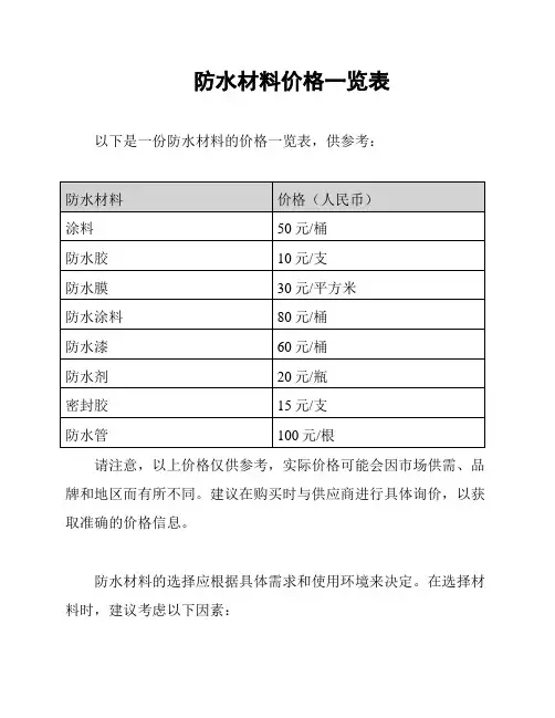 防水材料价格一览表