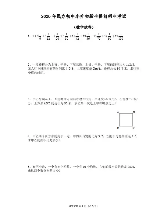 2020年民办初中小升初新生提前招生考试语文数学整套试卷及答案2