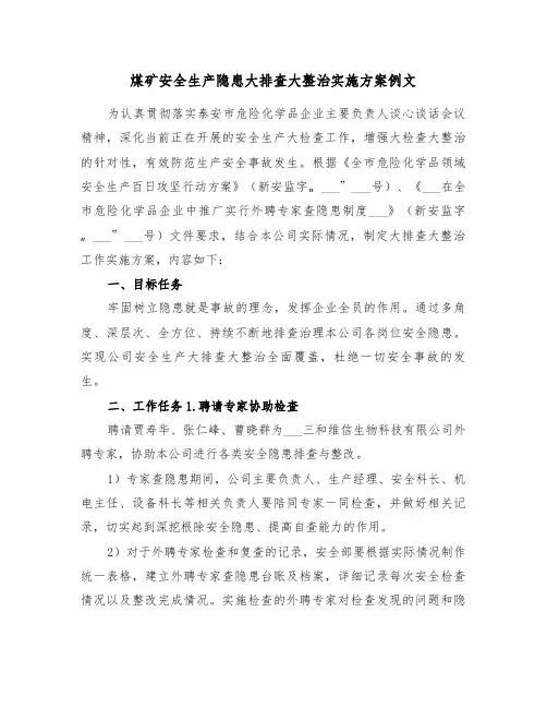 煤矿安全生产隐患大排查大整治实施方案例文（二篇）