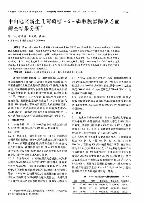 中山地区新生儿葡萄糖-6-磷酸脱氢酶缺乏症筛查结果分析