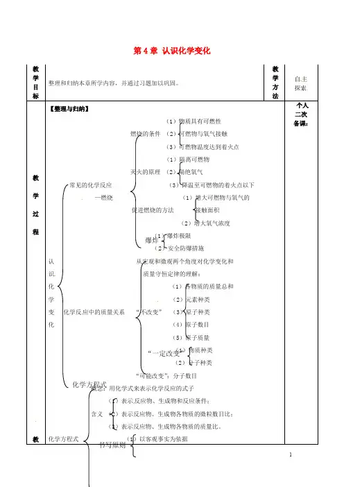 九年级化学全册第四章认识化学变化复习课教案沪教版