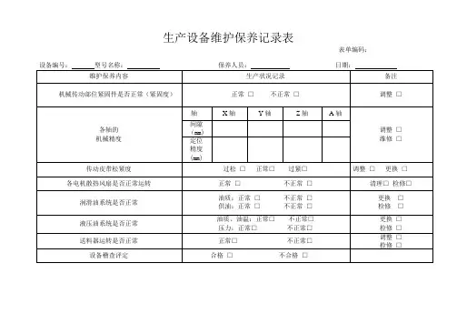 CNC行业生产设备维护保养记录表样板