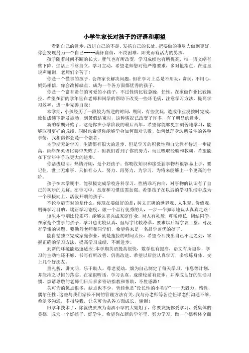 小学生家长对孩子的评语和期望
