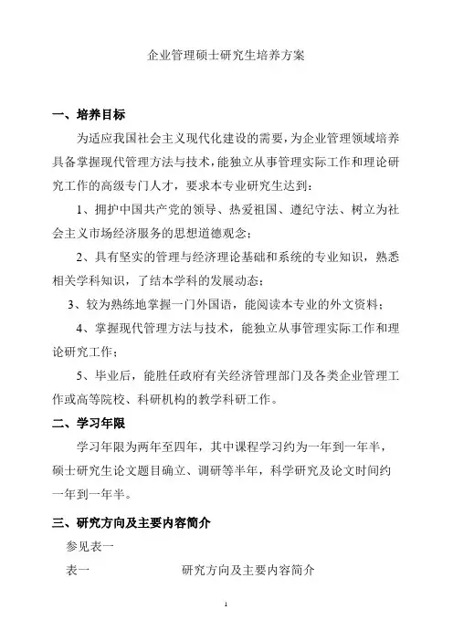 企业管理硕士研究生培养方案