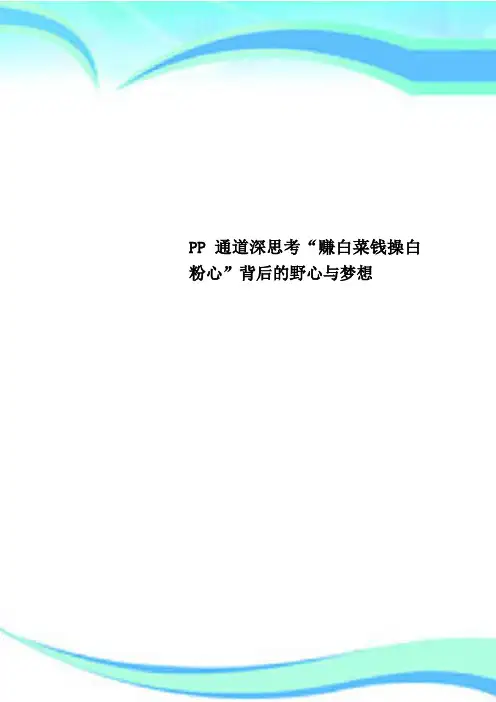 PP通道深思考“赚白菜钱操白粉心”背后的野心与梦想