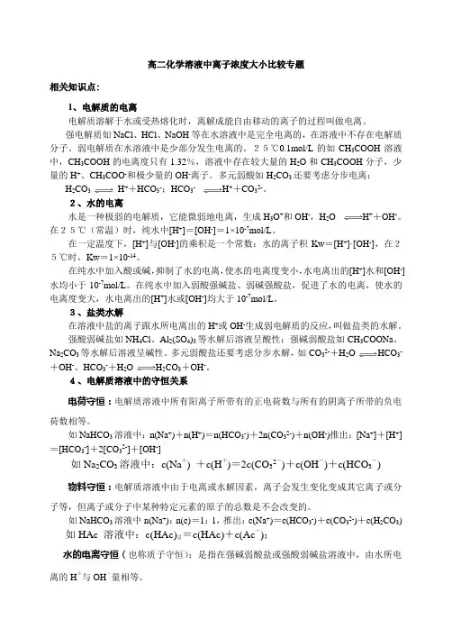 高二化学溶液中离子浓度大小比较专题 非常好定稿