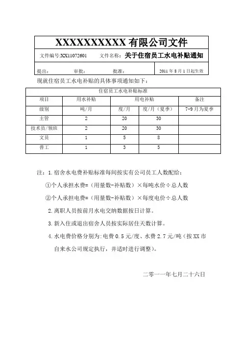 住宿员工水电补贴通知