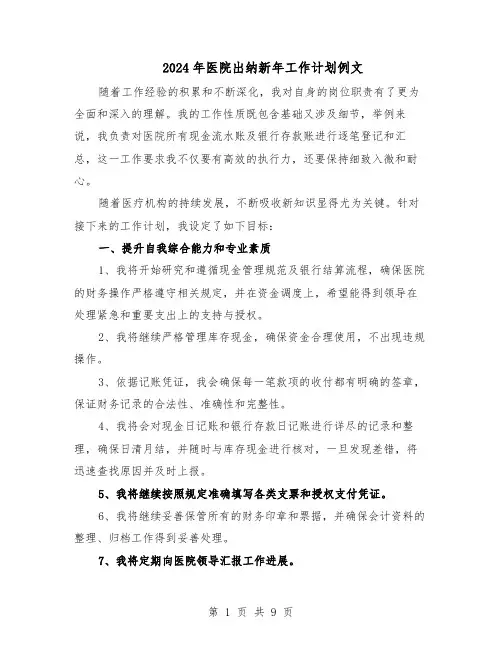 2024年医院出纳新年工作计划例文（五篇）