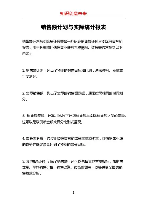 销售额计划与实际统计报表