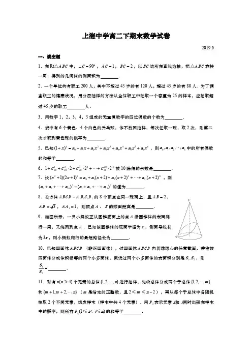 上海市上海中学2018-2019学年下学期高二期末数学试卷