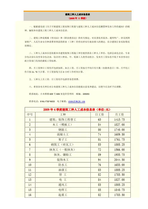建筑工种人工成本信息表
