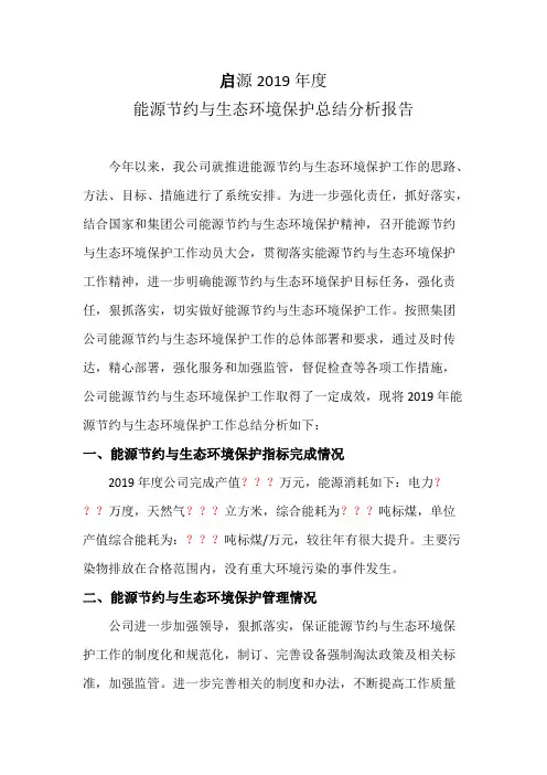 (完整版)启源2019年度能源节约与生态环境总结分析报告