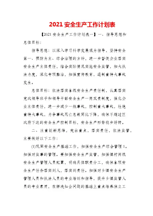 (精编)2021安全生产工作计划表
