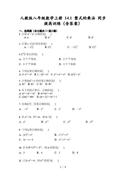 人教版八年级数学上册 14.1 整式的乘法 同步提高训练
