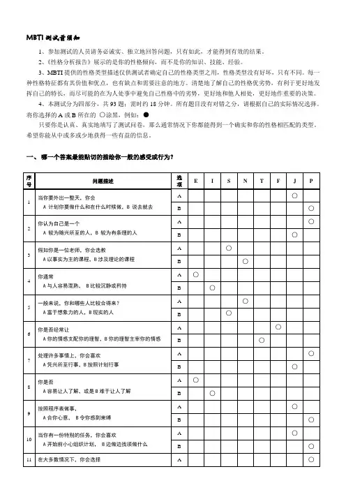 MBTI十六种人格类型职业性格测试题