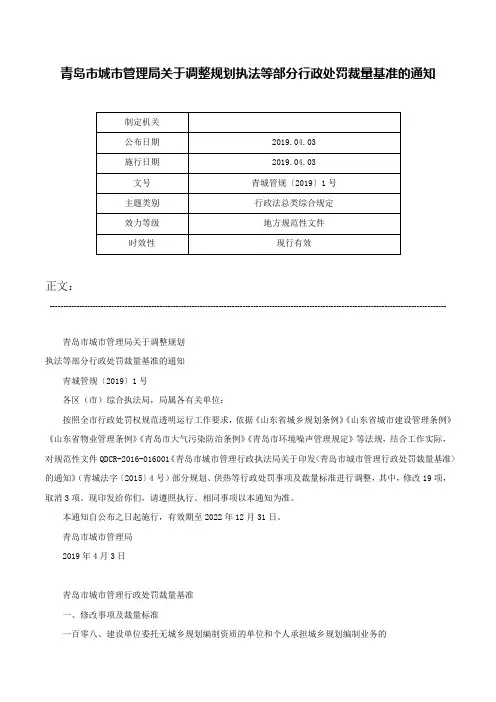 青岛市城市管理局关于调整规划执法等部分行政处罚裁量基准的通知-青城管规〔2019〕1号