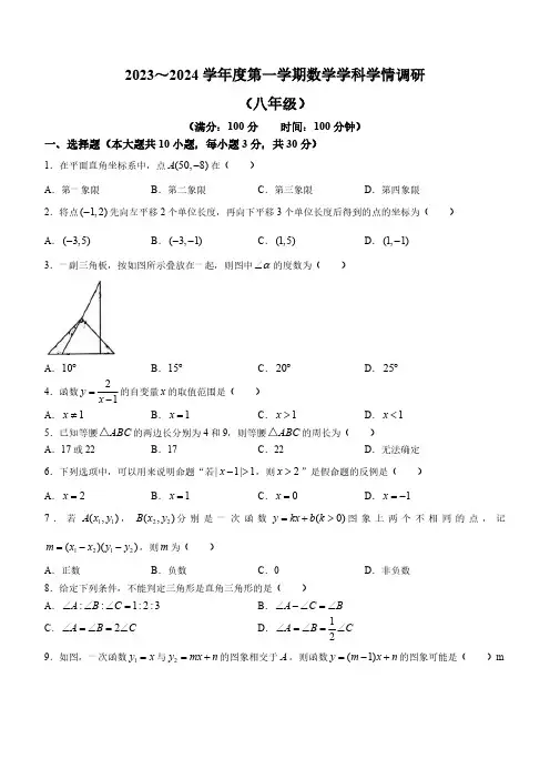 安徽省合肥市五十中教育集团望岳校区2023-2024学年八年级上学期期中数学试题(含答案)
