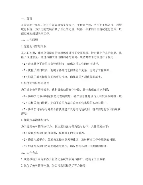 管理体系个人工作总结