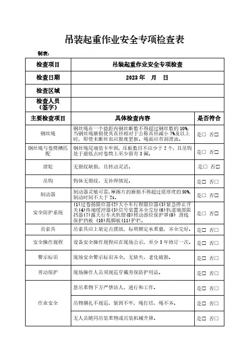 吊装起重作业安全专项检查表