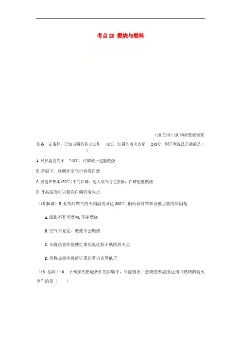 2018年中考化学真题分类汇编 4 化学与社会发展 考点20 燃烧与燃料 1 燃烧与灭火 2 燃烧的