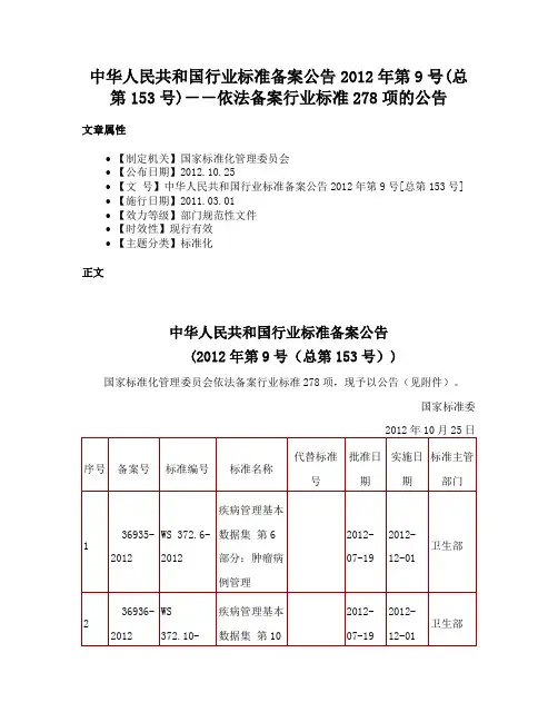 中华人民共和国行业标准备案公告2012年第9号(总第153号)－－依法备案行业标准278项的公告
