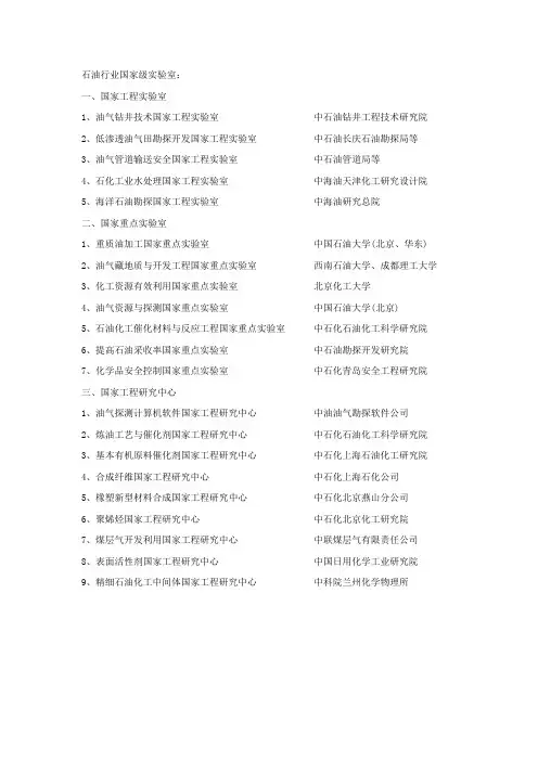 石油行业国家级实验室名单