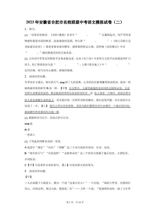 2023年安徽省合肥市名校联盟中考语文模拟试卷(二)及答案解析