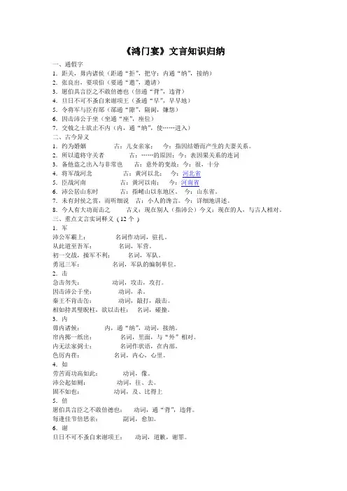 《鸿门宴》文言知识归纳