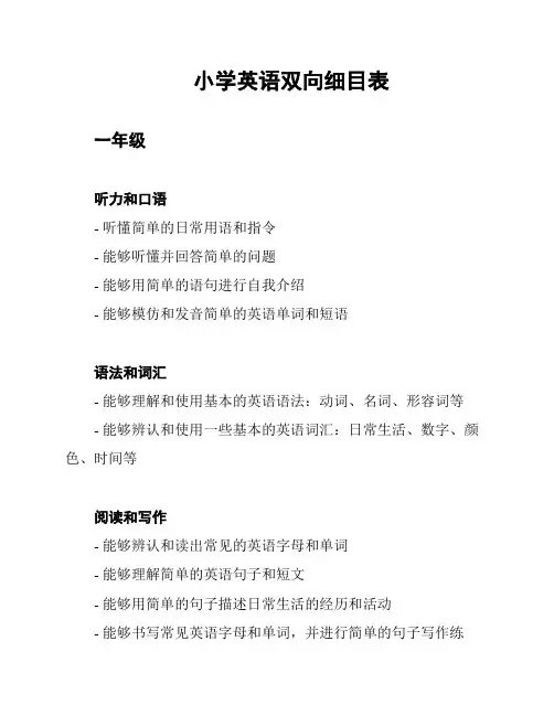 小学英语双向细目表