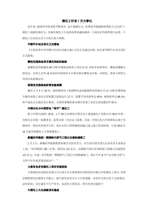 煤化工行业2月大事记
