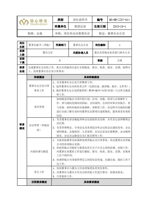 012岗位说明书-董事长秘书(王)