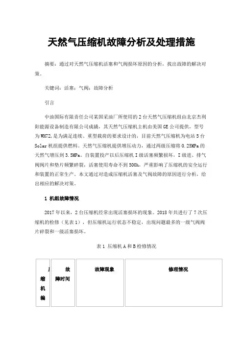 天然气压缩机故障分析及处理措施